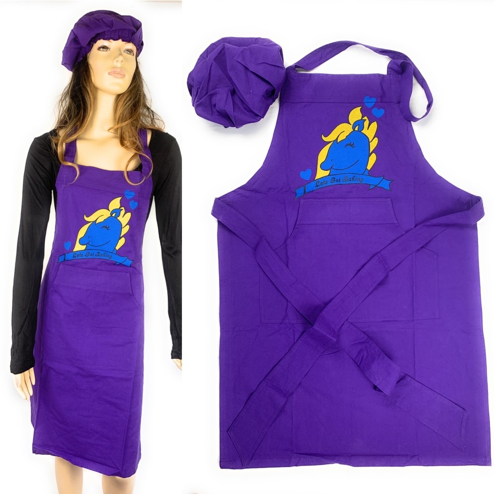 Purple bib apron and chef cap